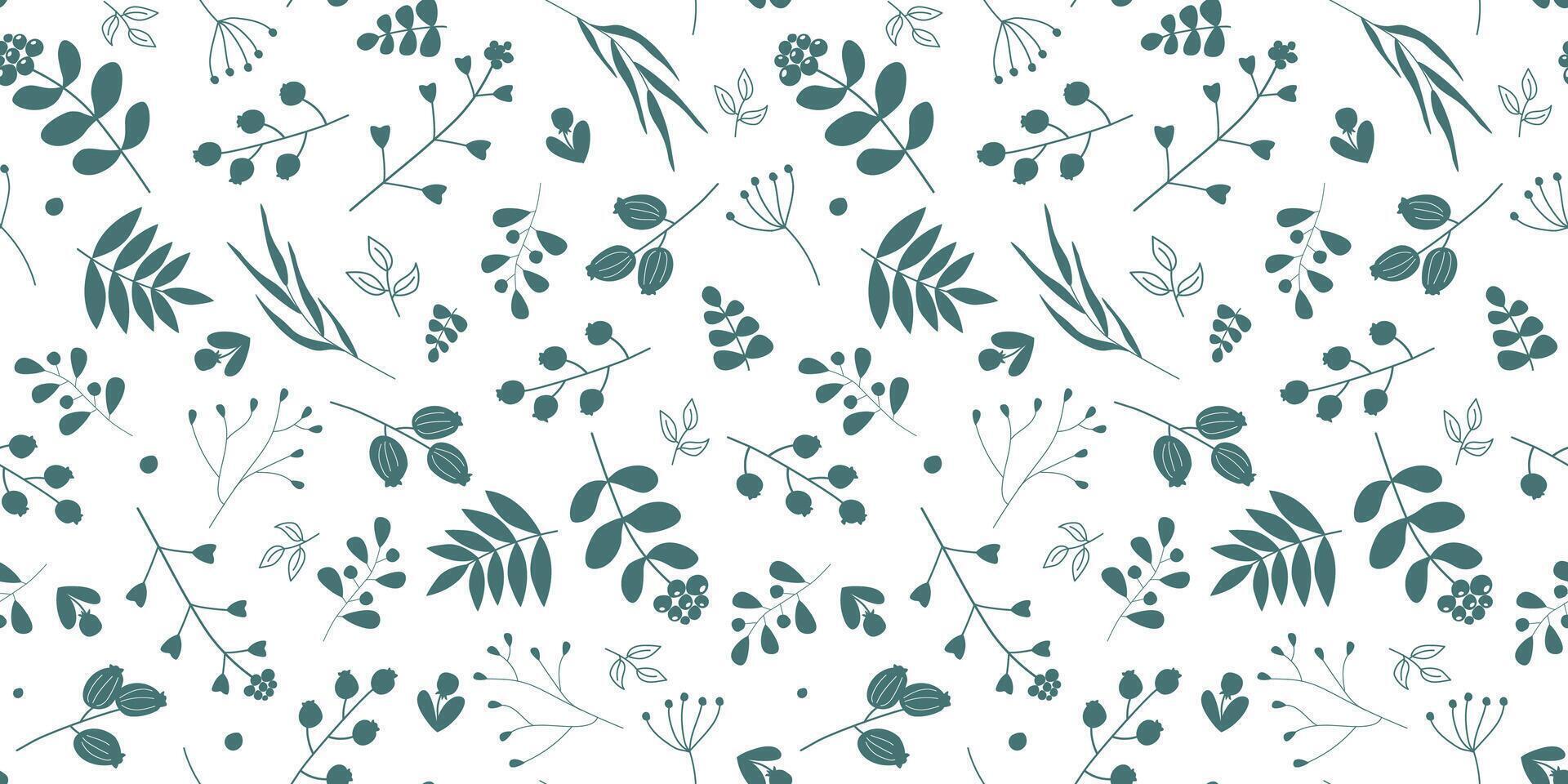 Seamless pattern with silhouettes of abstract plants, herbs, leaves. vector