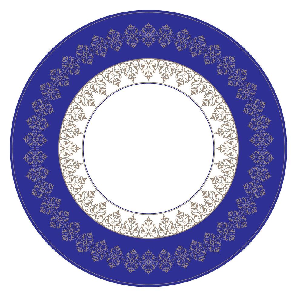 Round frame arabesque. Beautiful blue and gold plate. Vintage, ethnic frame with arabesques, EPS. Pattern frame for round surfac, sandblasting, ceramics, household utensil, embroidery vector