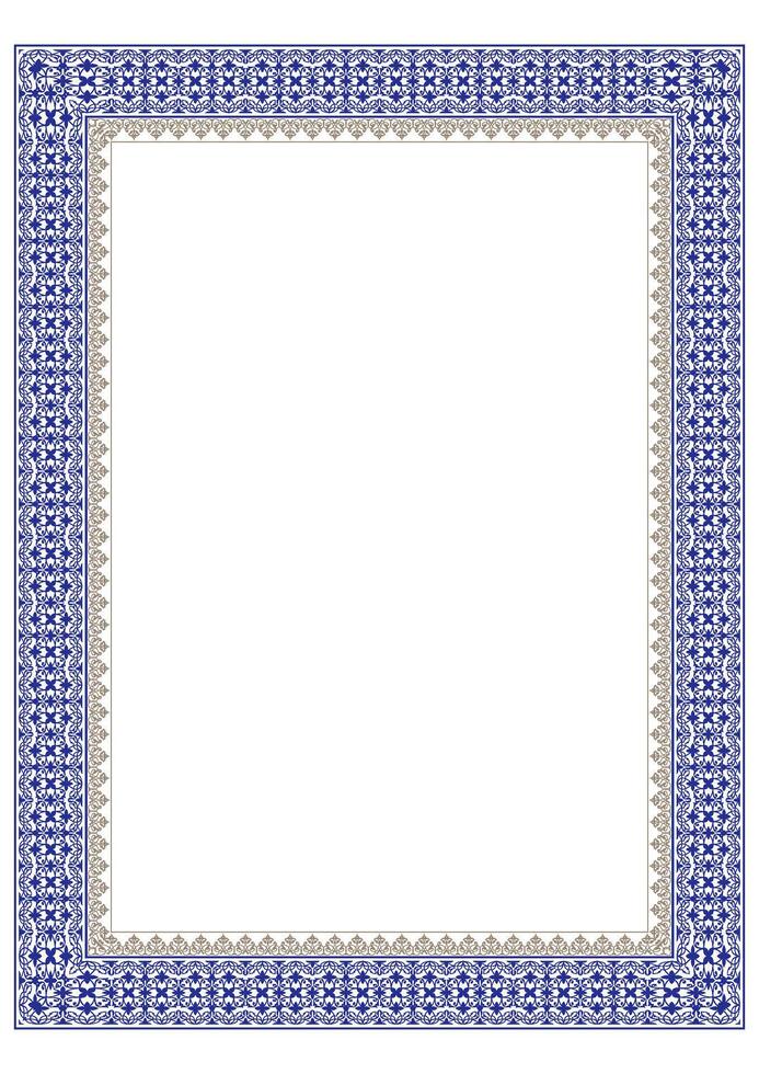 Blue and gold rectangular Vertical Islamic national ornament frames Arabesque. A4 format. Abstract Islamic elements of the national pattern. Pattern frame for sandblasting and ceramics, embroidery vector