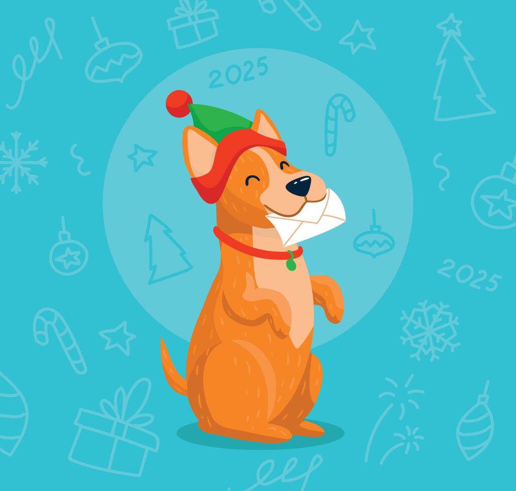 A cute dog in an elf hat holding a letter. Christmas illustration. vector