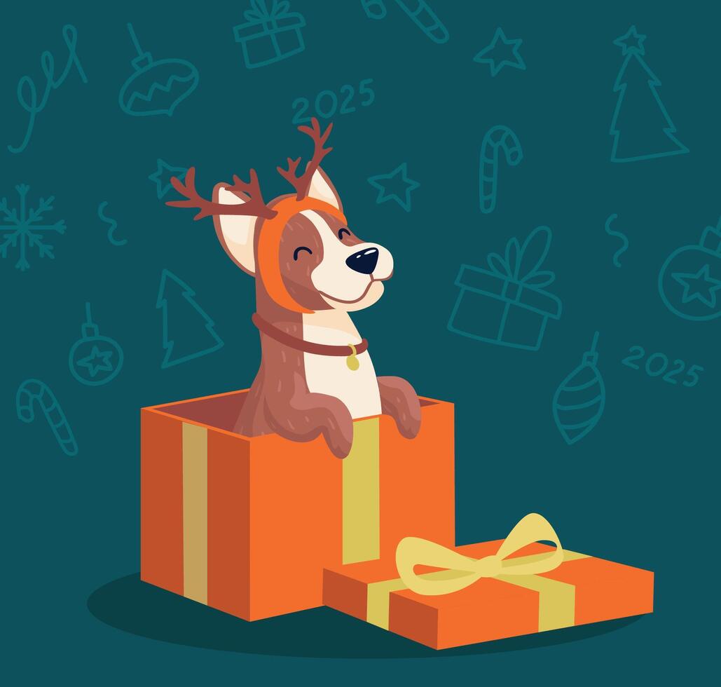 Cute dog in a hat with reindeer antlers is sitting inside gift box. illustration vector