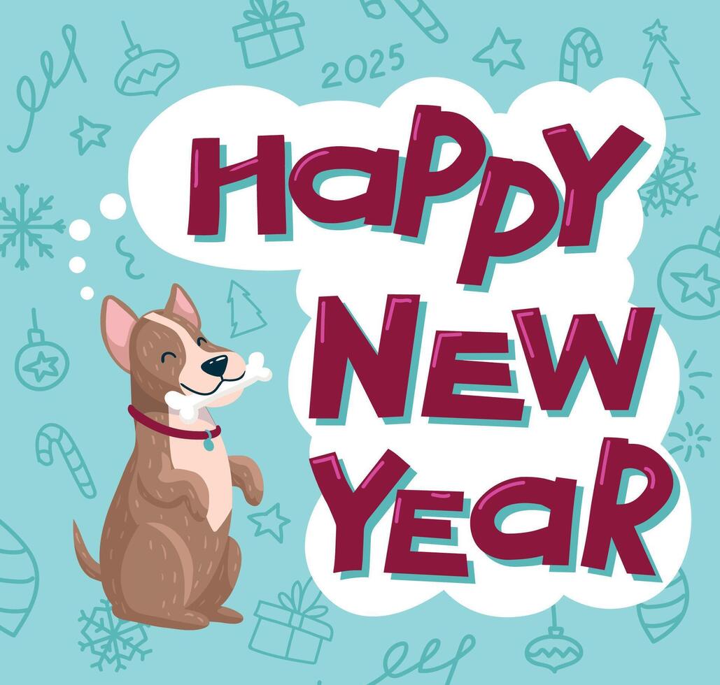 A cute dog with a bone in its mouth is standing on its hind legs. Hand lettering of Happy New Year vector
