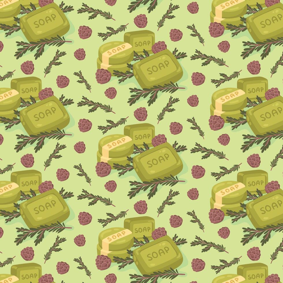 Seamless pattern of green soap with pine cones and fir branches. illustration. vector