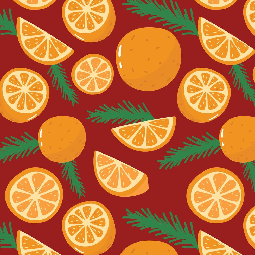 Christmas seamless pattern with tangerines and fir branches. illustration vector