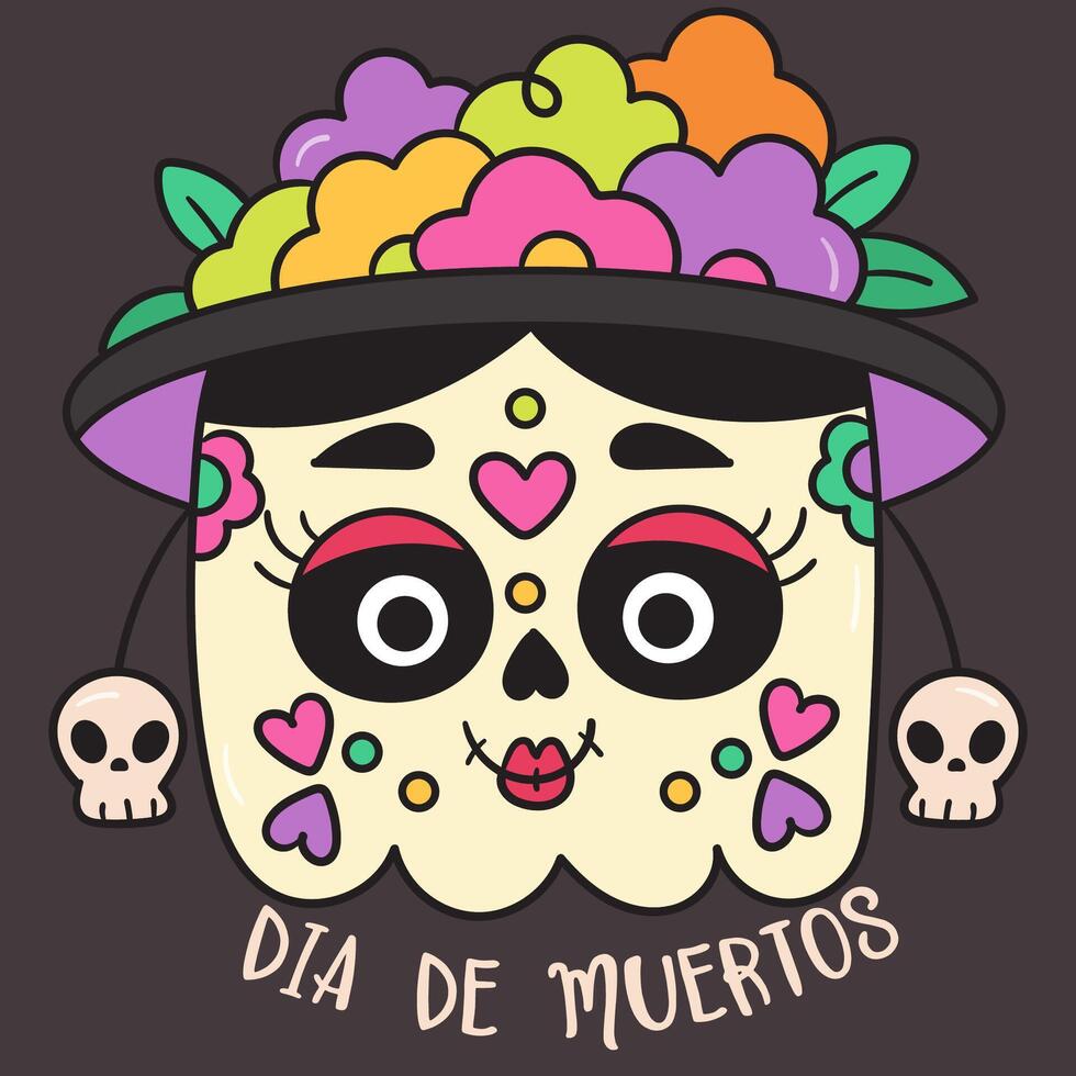 Sugar skull Square Pumpkin Halloween in dia de los Muertos Mexico style kawaii Day of the dead flowers vector