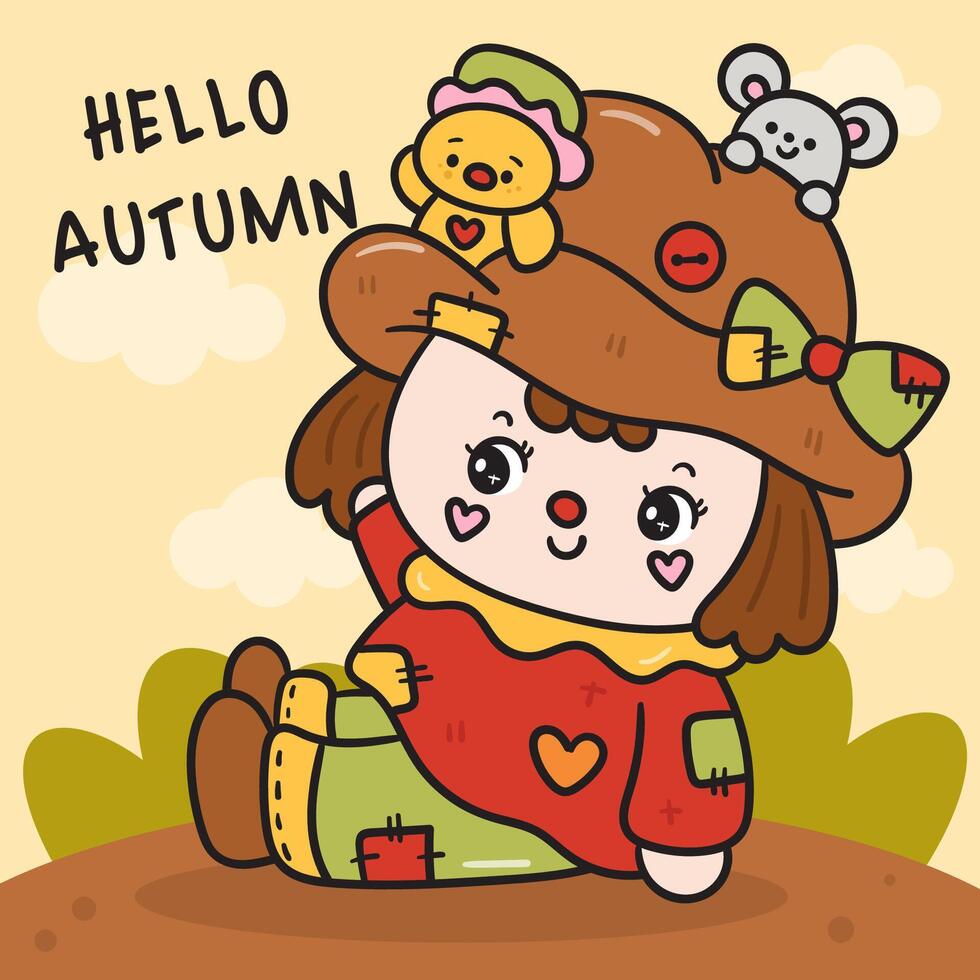Scarecrow fall kid autumn with bird and rat kawaii cartoon vector