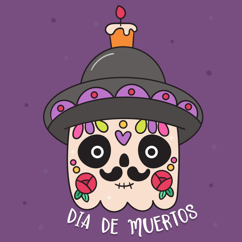 quare Pumpkin Halloween in dia de los Muertos Mexico style kawaii Day of the dead flowers Sugar skull wear sombrero hat vector