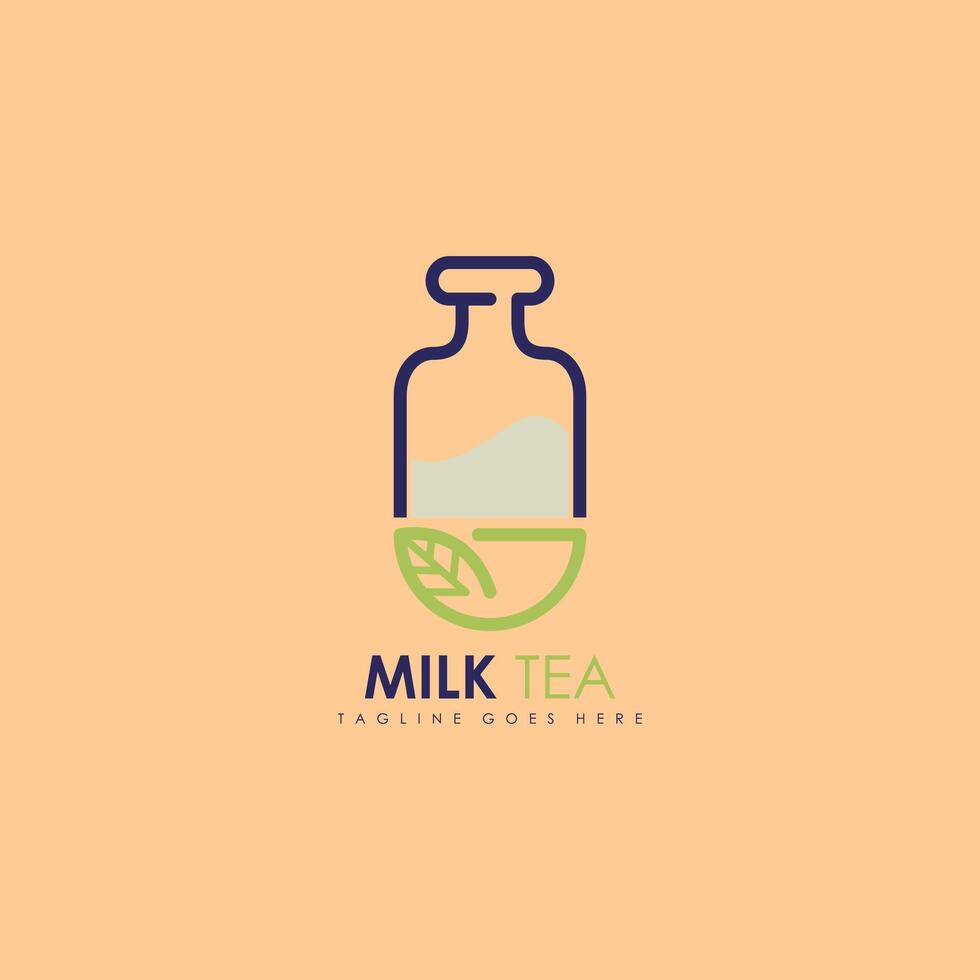 A milk tea logo with a bottle and a leaf vector