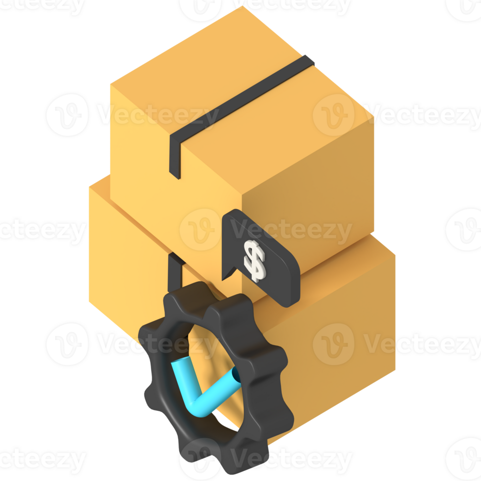 Isometric Illustration of Packages with Gear and Dollar Sign png