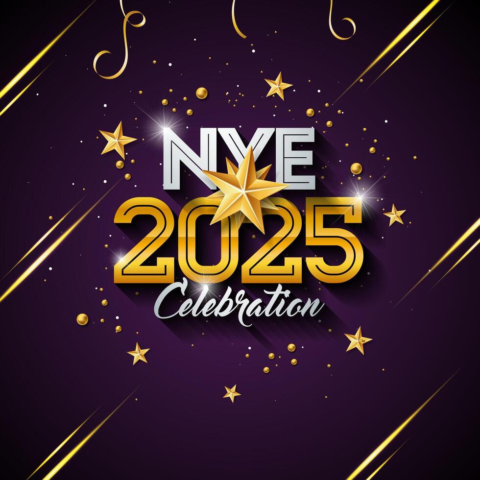 2025 Happy New Year Illustration with Typography Lettering, Golden Christmas Star Ornament on Dark Background. Holiday Design with Falling Serpentine for Flyer, Banner, Greeting Card, Celebration vector