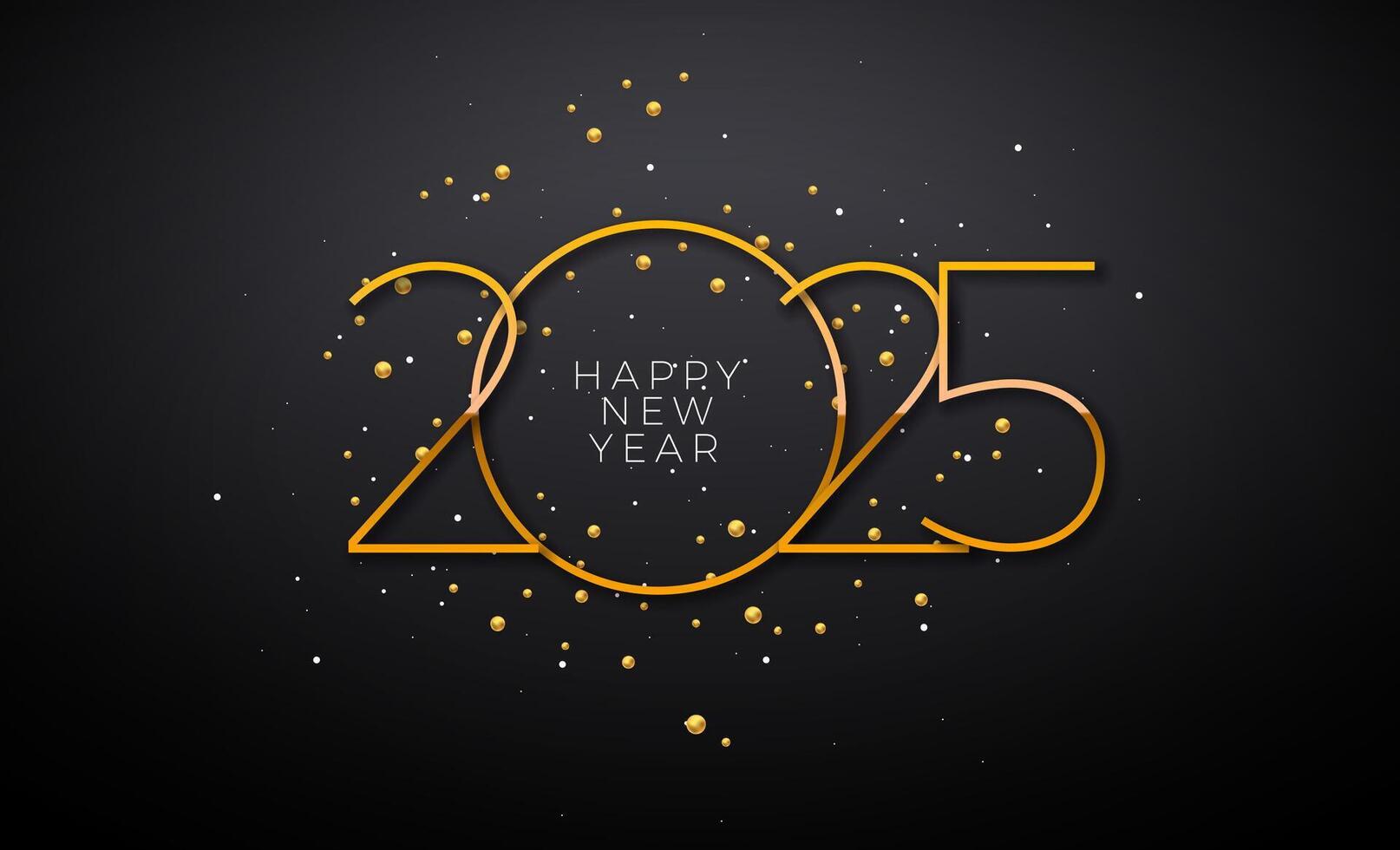 2025 Happy New Year Illustration with Gold Number and Christmas Ball on Dark Background. Holiday Design with Typography Lettering for Flyer, Greeting Card, Banner, Celebration Poster, Party invitation vector