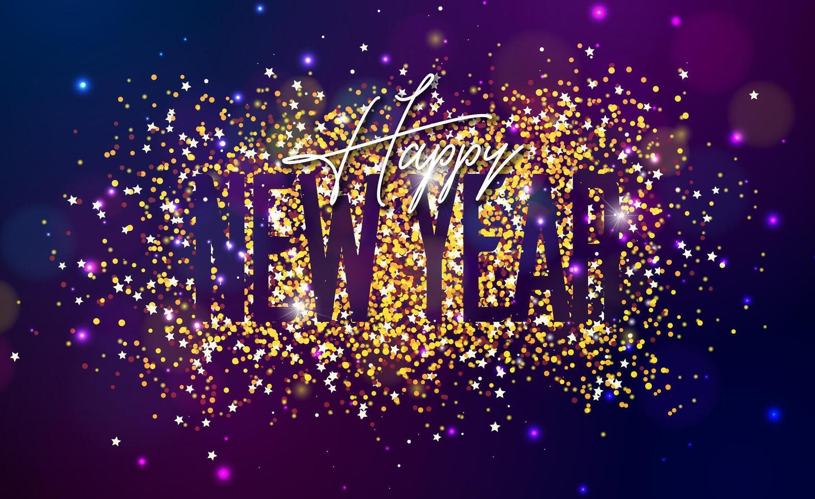 2025 Happy New Year Illustration with Gold Glittered Typography Lettering and Falling Confetti on Shiny Background. Christmas Holiday Design for Flyer, Greeting Card, Banner, Celebration Poster, Party vector