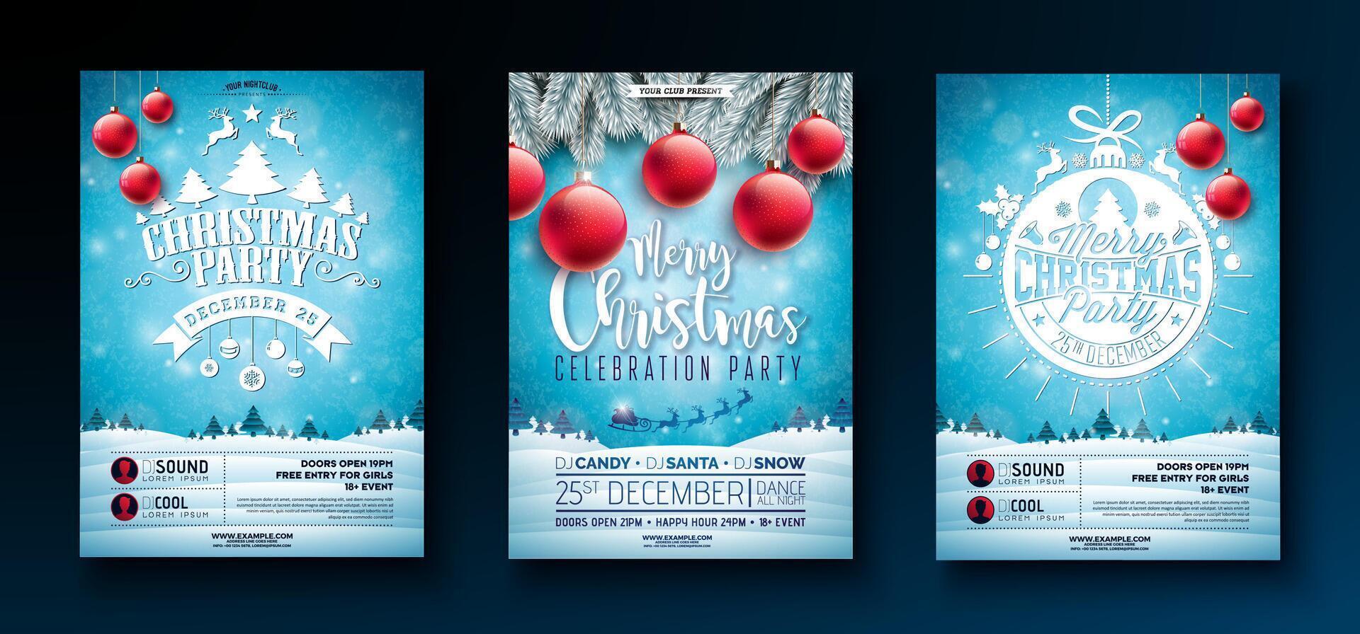 Merry Christmas Party Flyer Design with Ornamental Glass Ball and Pine Tree on Winter Landscape Background. Holiday Season Celebration Poster Illustration Set with Typography Letter vector