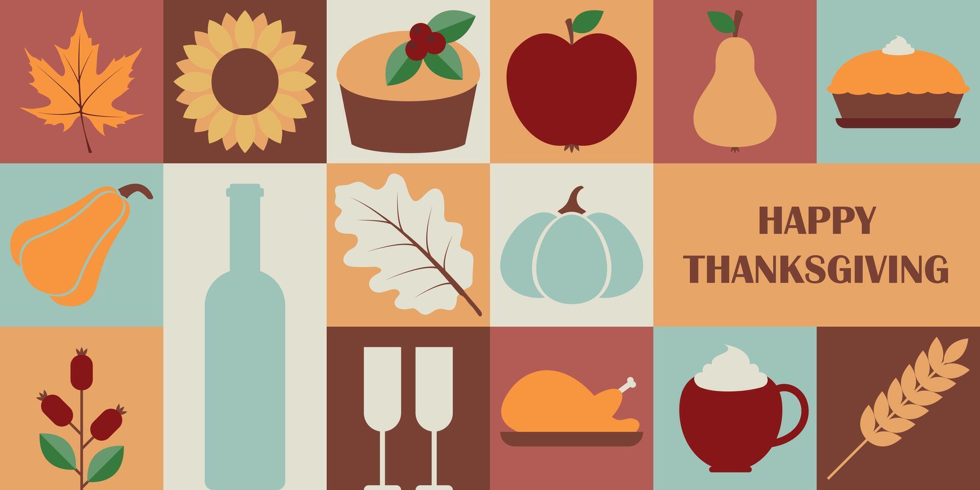 Thanksgibing geometric collage. Mosaic pattern. Festive banner with pumpkin, rosehip, maple leaf, pie, turkey and sunflower. illustration vector