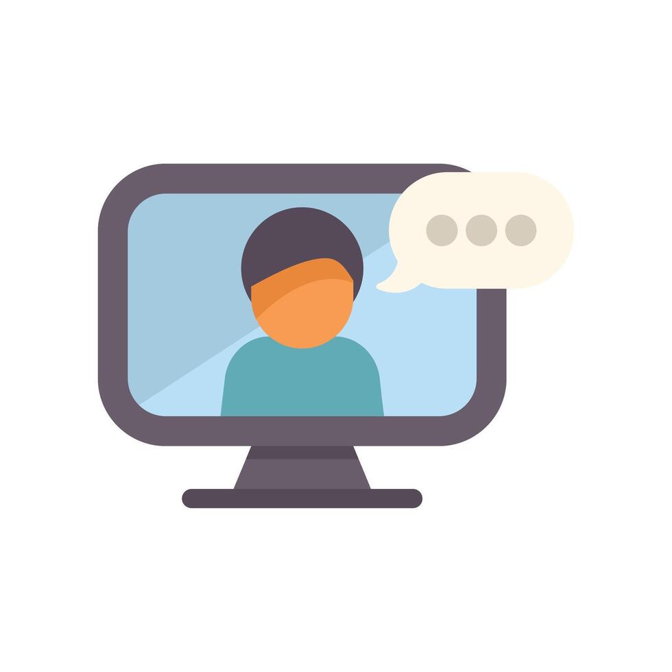 Person video calling on desktop computer with speech bubble displayed vector