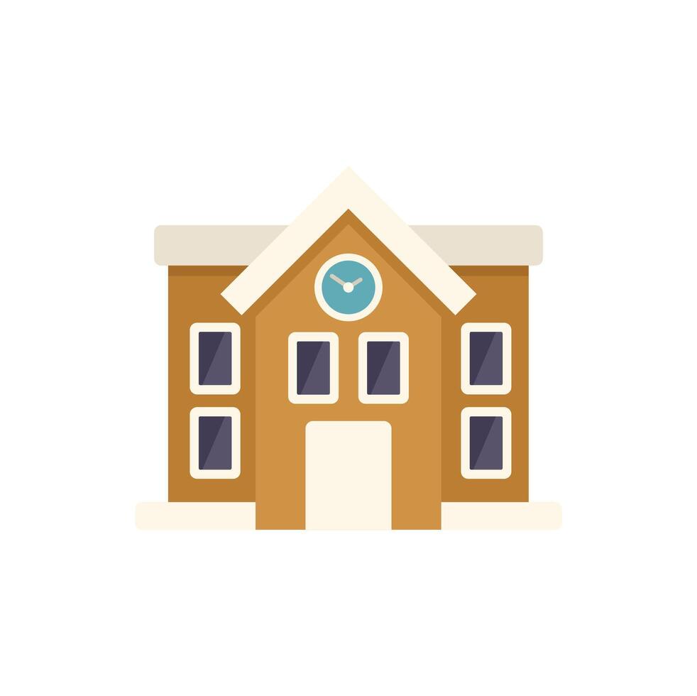 Small town hall building with clock tower covered in snow flat icon design vector