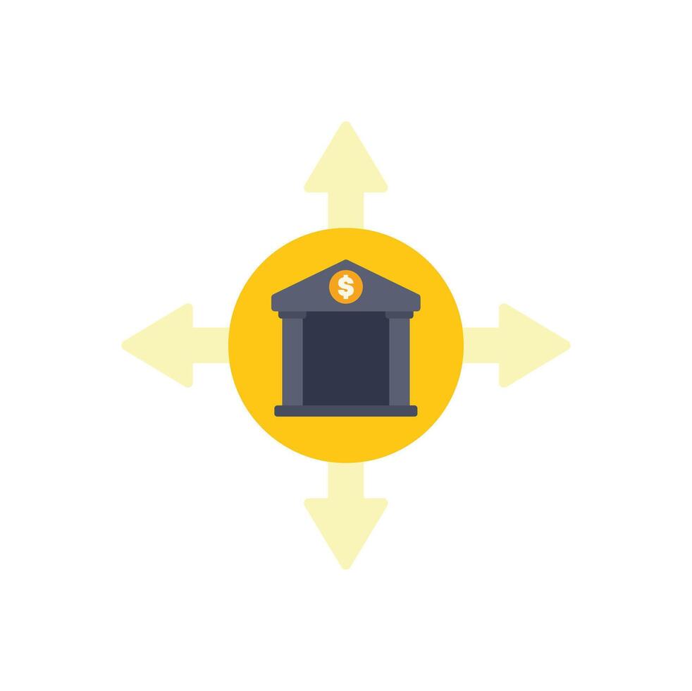 Money flowing from all sides to bank building icon vector