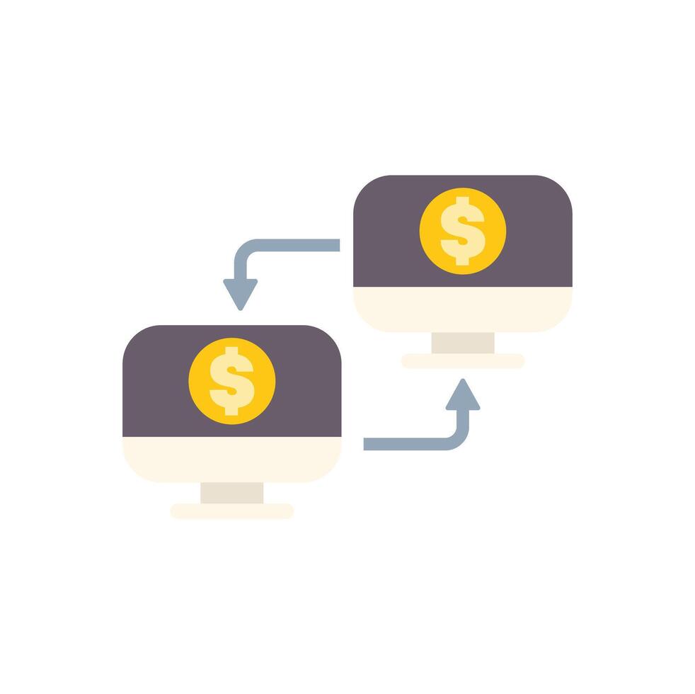 Money transferring between two computers using internet connection vector