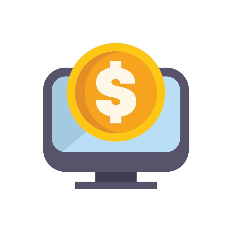 Computer showing big golden dollar coin online earning concept vector