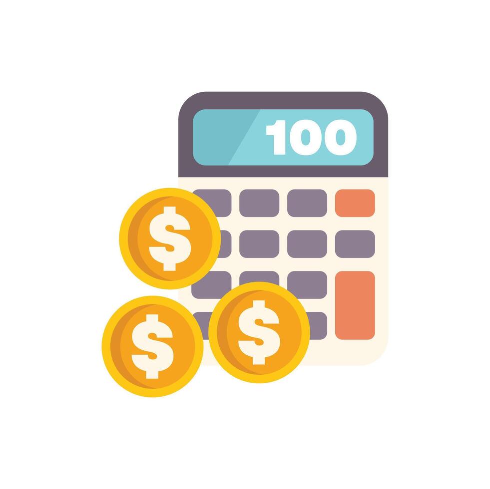 Calculator displaying number one hundred surrounded by coins representing money and wealth vector