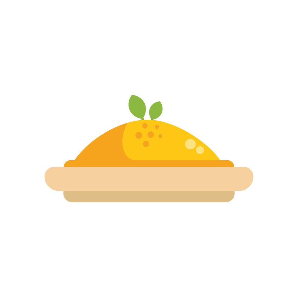 Delicious round thanksgiving pumpkin pie on plate with green leaves minimal vector illustration
