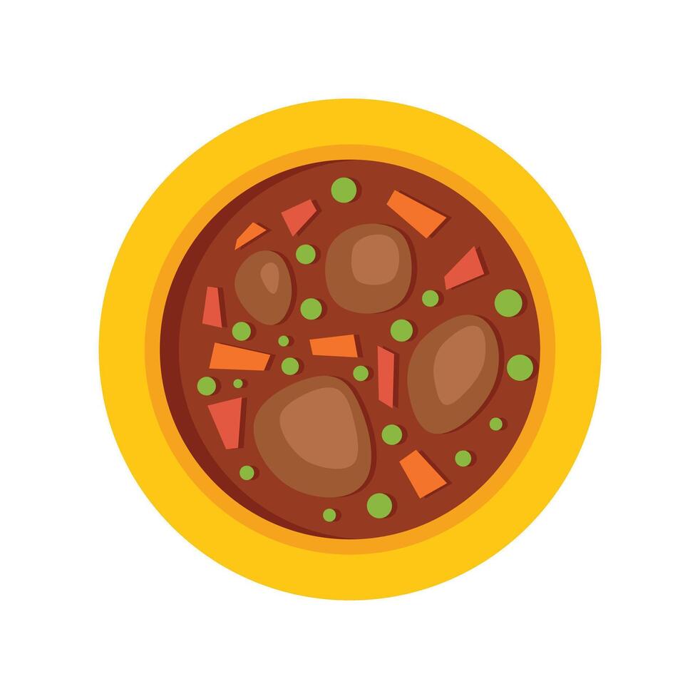 Delicious beef stew with vegetables in yellow bowl being served for dinner vector