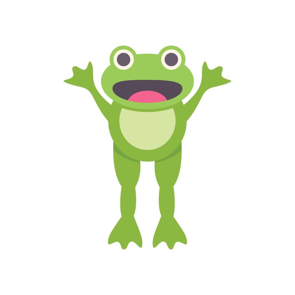 Happy green frog raising hands cartoon character vector