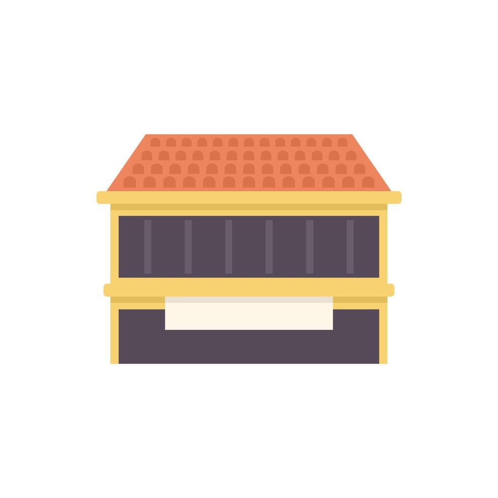Two storey building with a tiled roof and a blank banner is standing on a white background vector