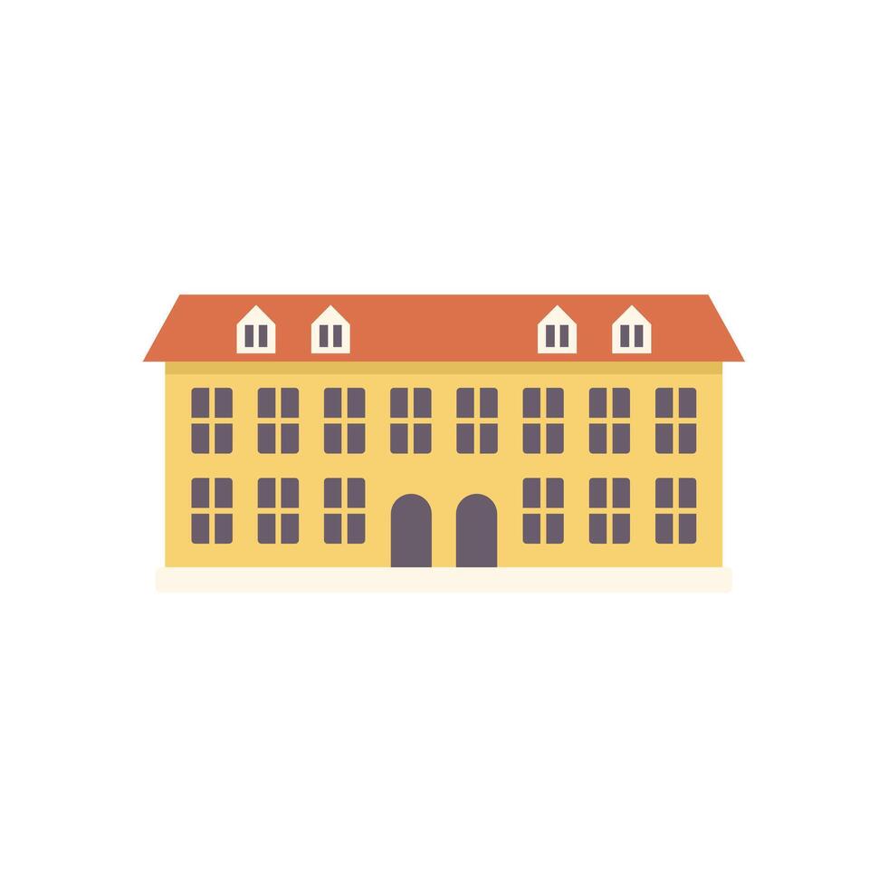 Large yellow building facade with red roof and many windows vector