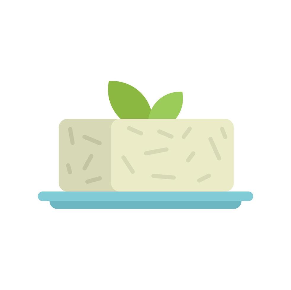 Block of tofu with basil leaves on a plate icon vector