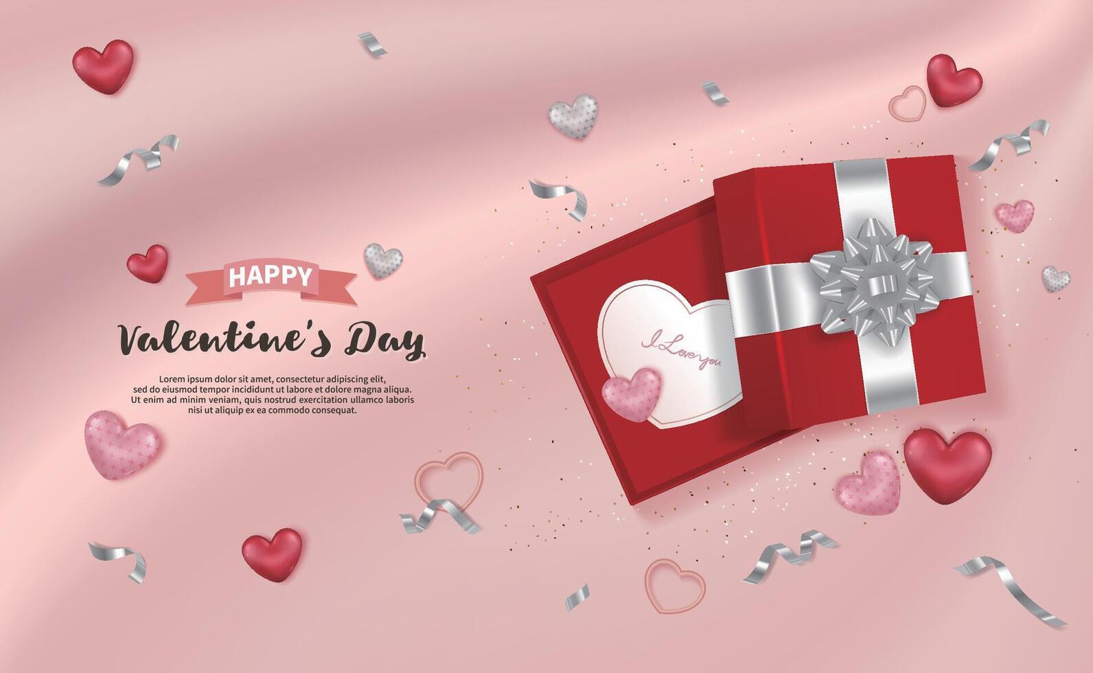 Happy Valentine's Day banner with open red gift box with a card saying I love you inside, decorated hearts and ribbons vector