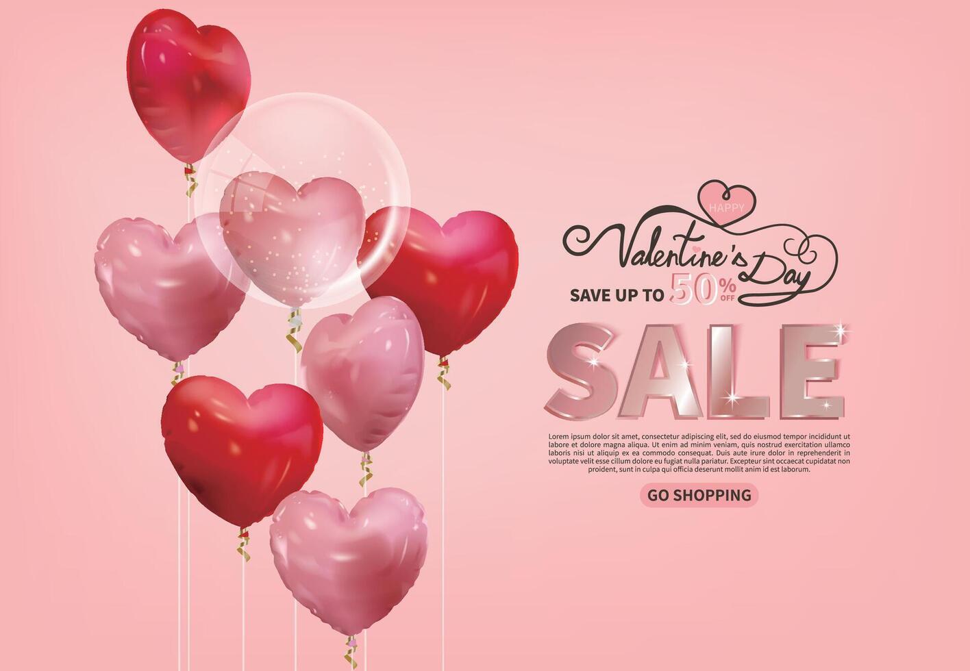Pink Valentine's Day sale with pink and red heart balloons vector