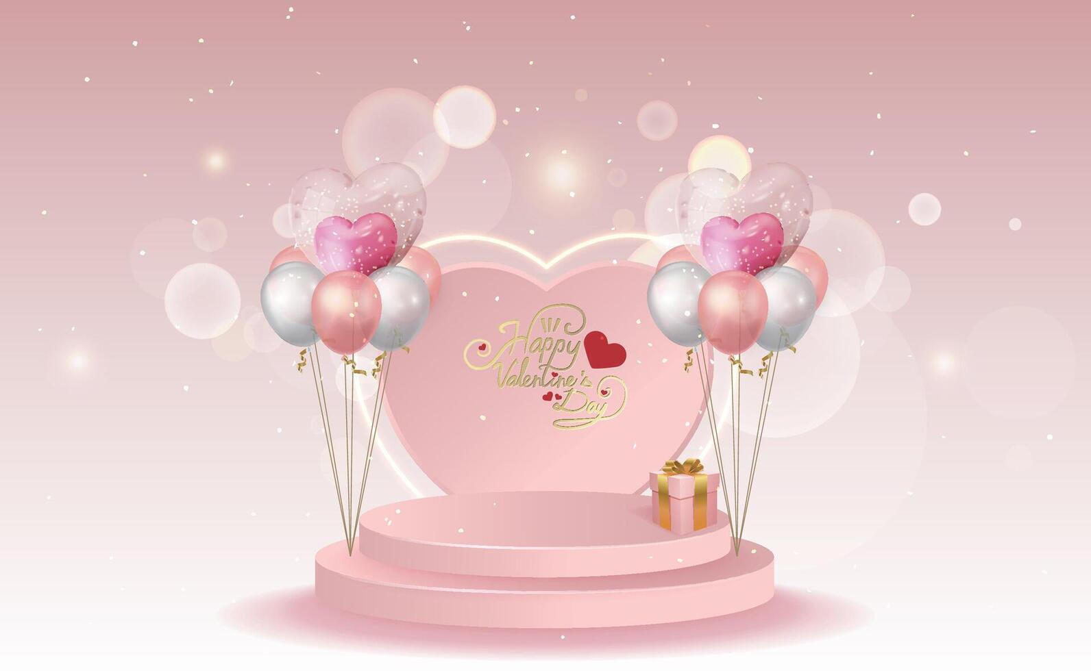Pink Valentine's Day display stand with gifts and heart balloons vector