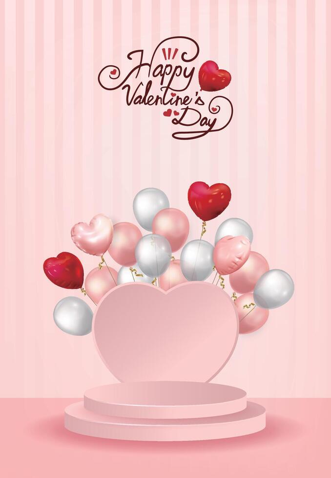 Pink Valentine's Day display stand with heart balloons vector