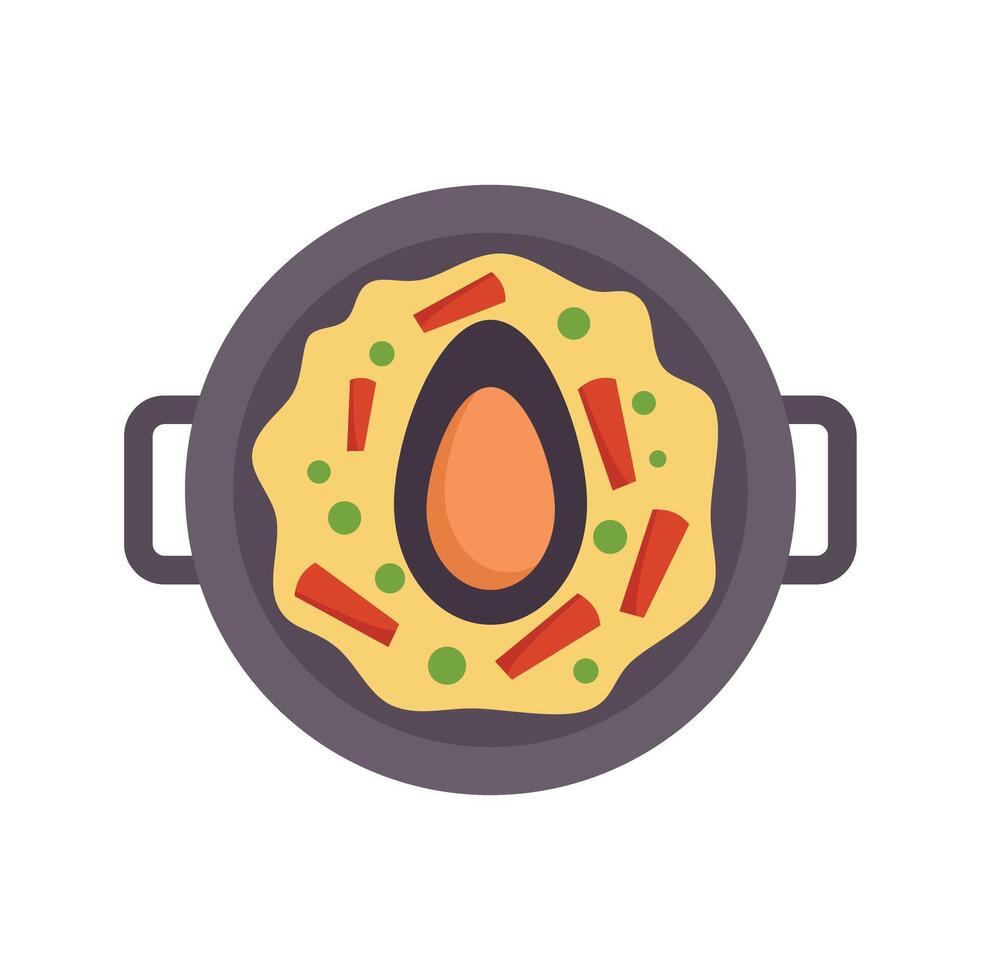 Paella pan containing traditional spanish rice dish being cooked vector