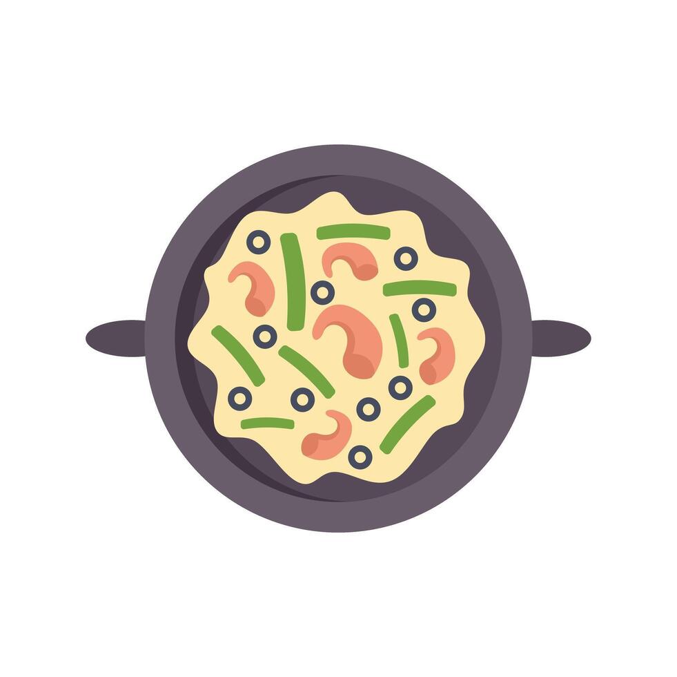 Cooking pan with shrimps, asparagus and black olives on white background vector