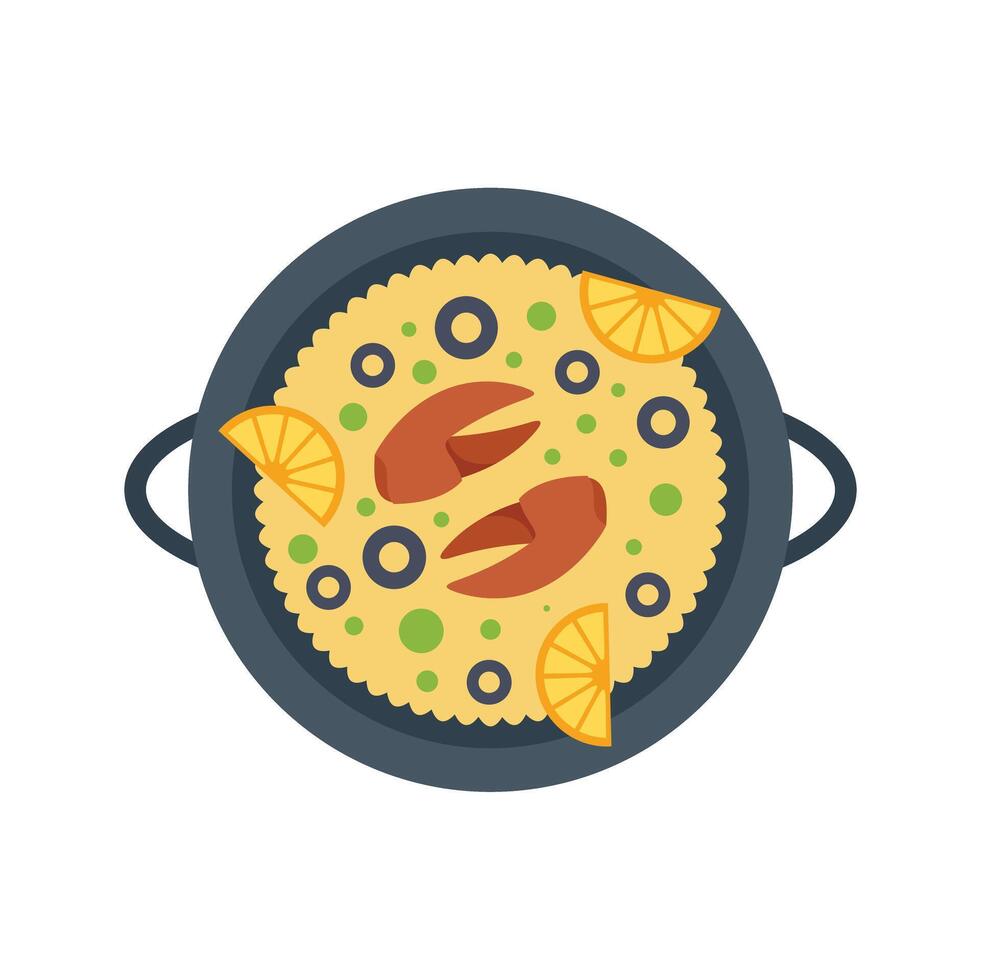 Traditional spanish paella dish with shrimps and olives being prepared in pan vector