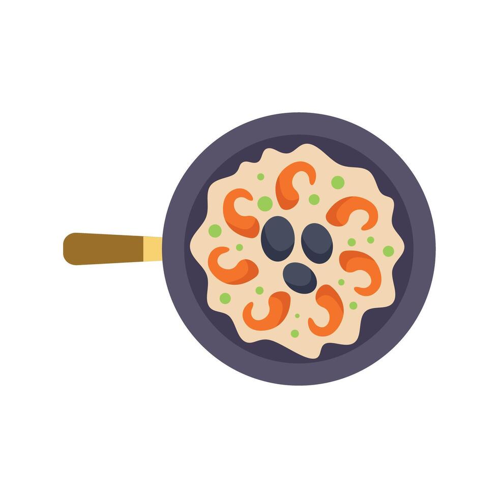 Frying pan containing delicious paella with shrimps and olives vector