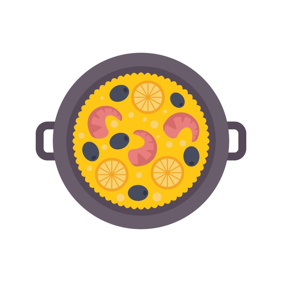 Traditional spanish paella dish with saffron rice, shrimps and olives vector