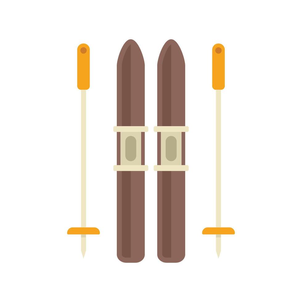 Pair of mountain skis and poles standing upright on white vector