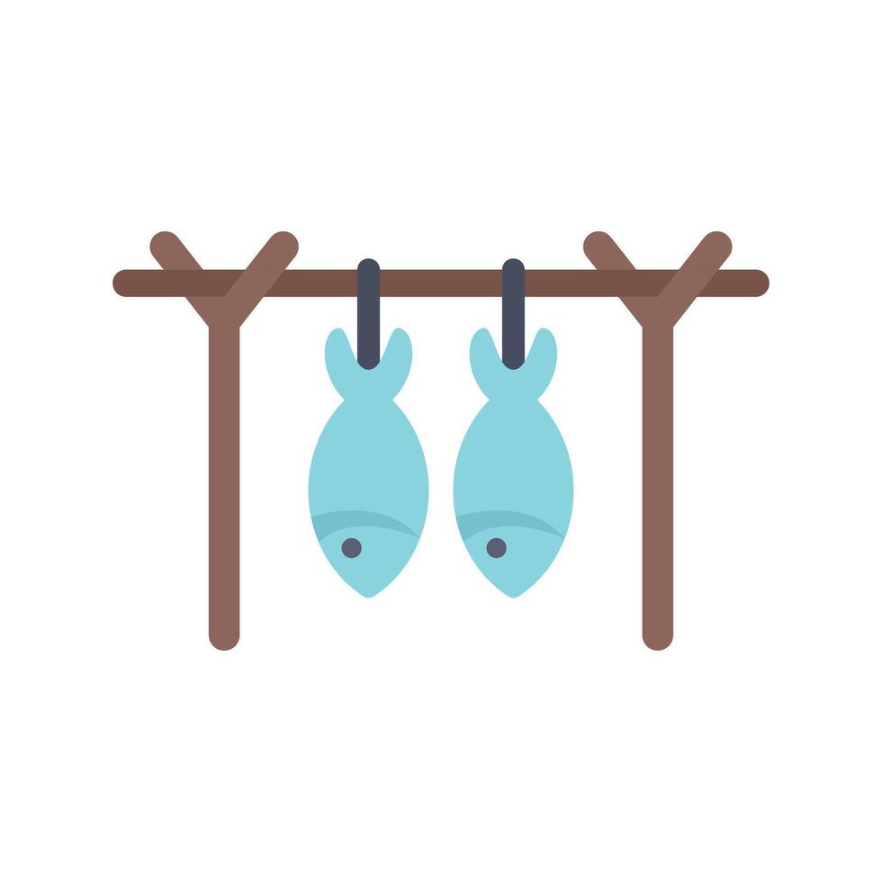 Two fishes hanging and drying on wooden stick vector