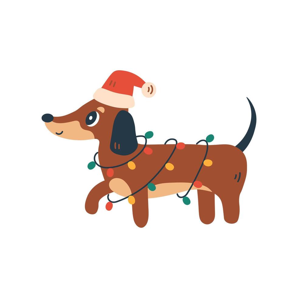 Christmas Dachshund Dog with Garland and Santa Hat vector