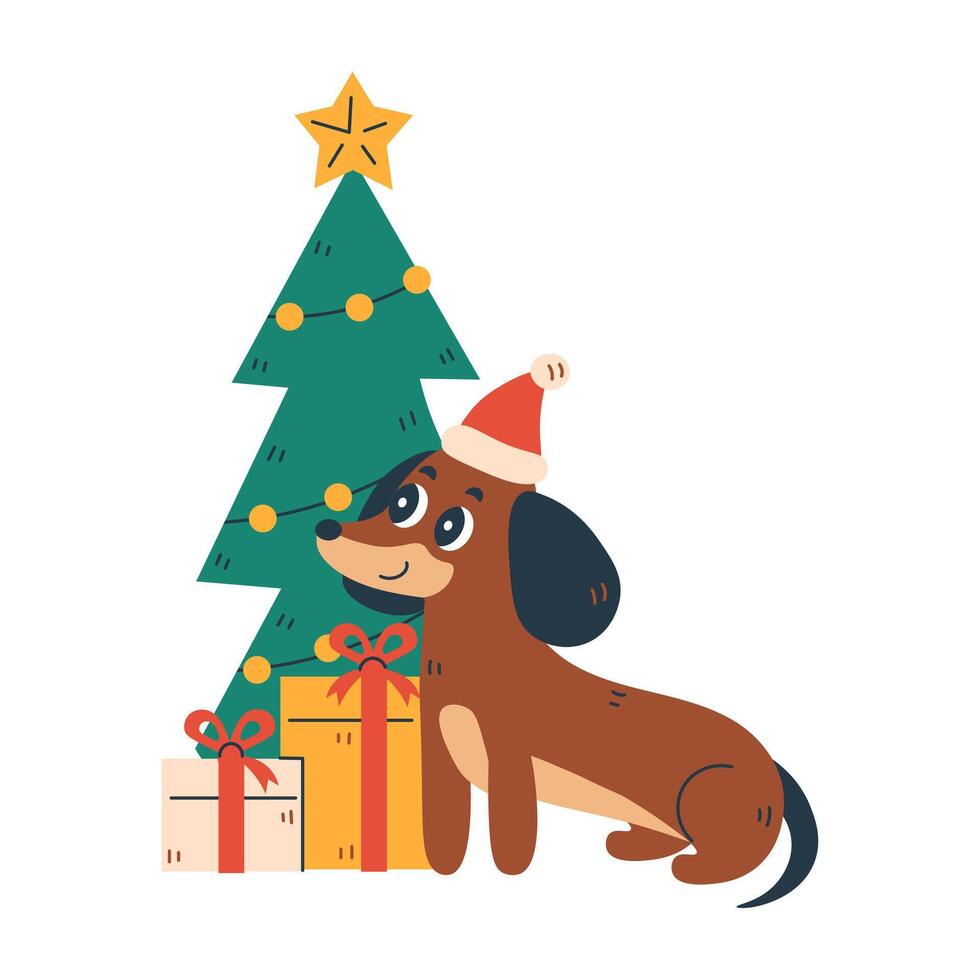 Dachshund Dog with Christmas Tree and Gifts vector