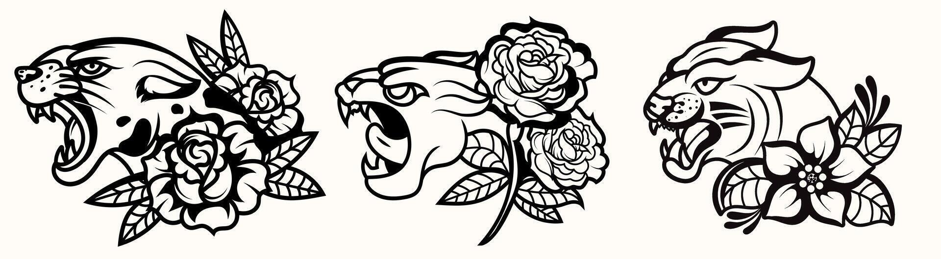 Set of Traditional panther tattoo vintage and flower illustration surreal illustration, badges, print for t-shirt. vector