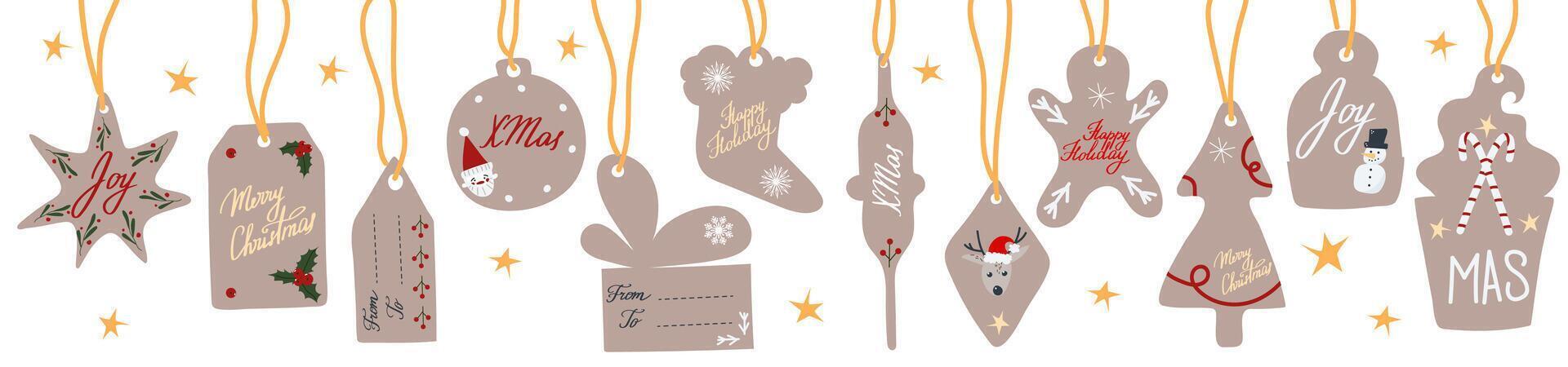 Christmas and New Year present or gift diy craft tag, label on pendant with noel tree, spruce branches, snowman, deer, Santa head, holly berry, candy stick, star, festive lettering typography. vector