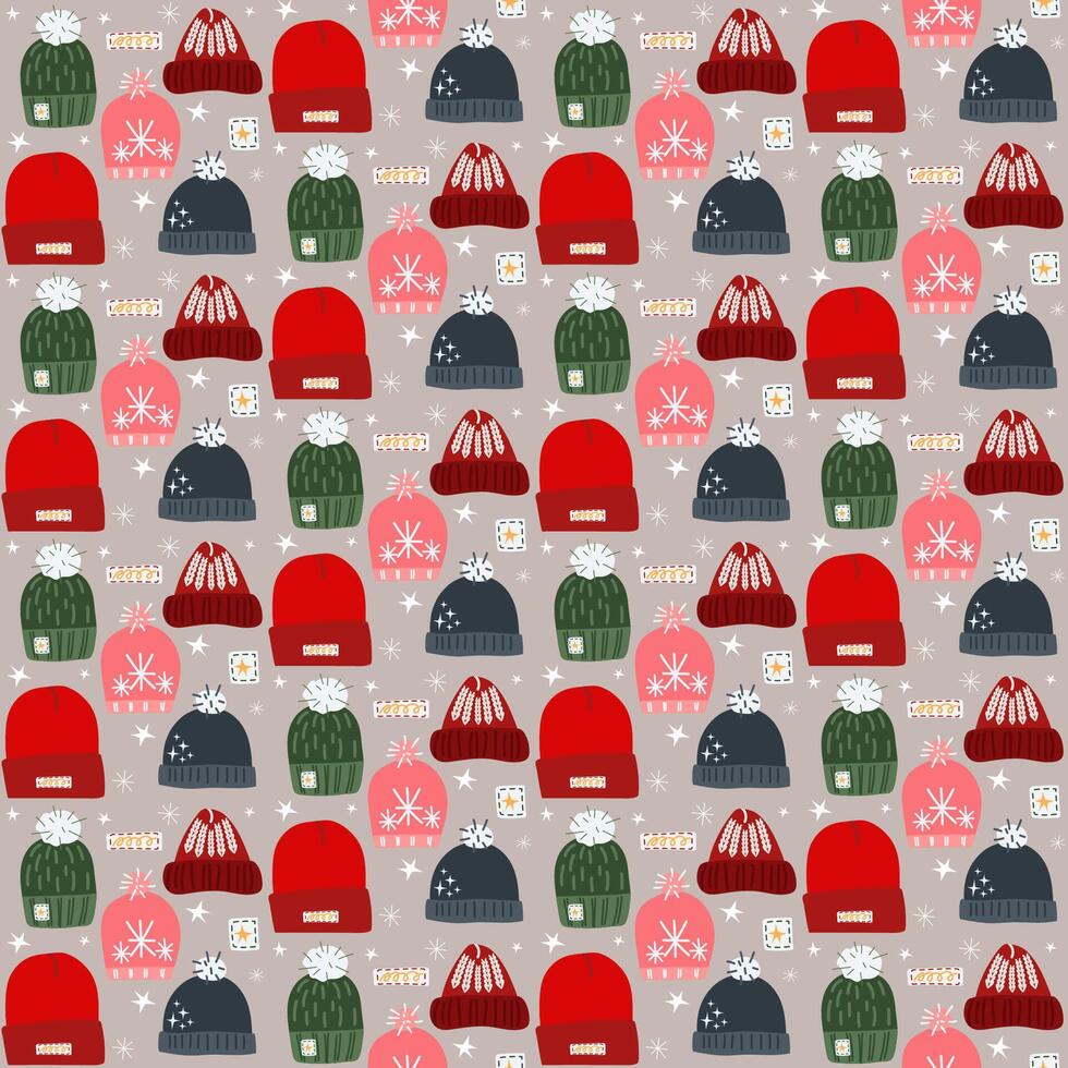 Winter knitted warm beanie hats seamless pattern with pompons and decorations, snowflakes, stars vector