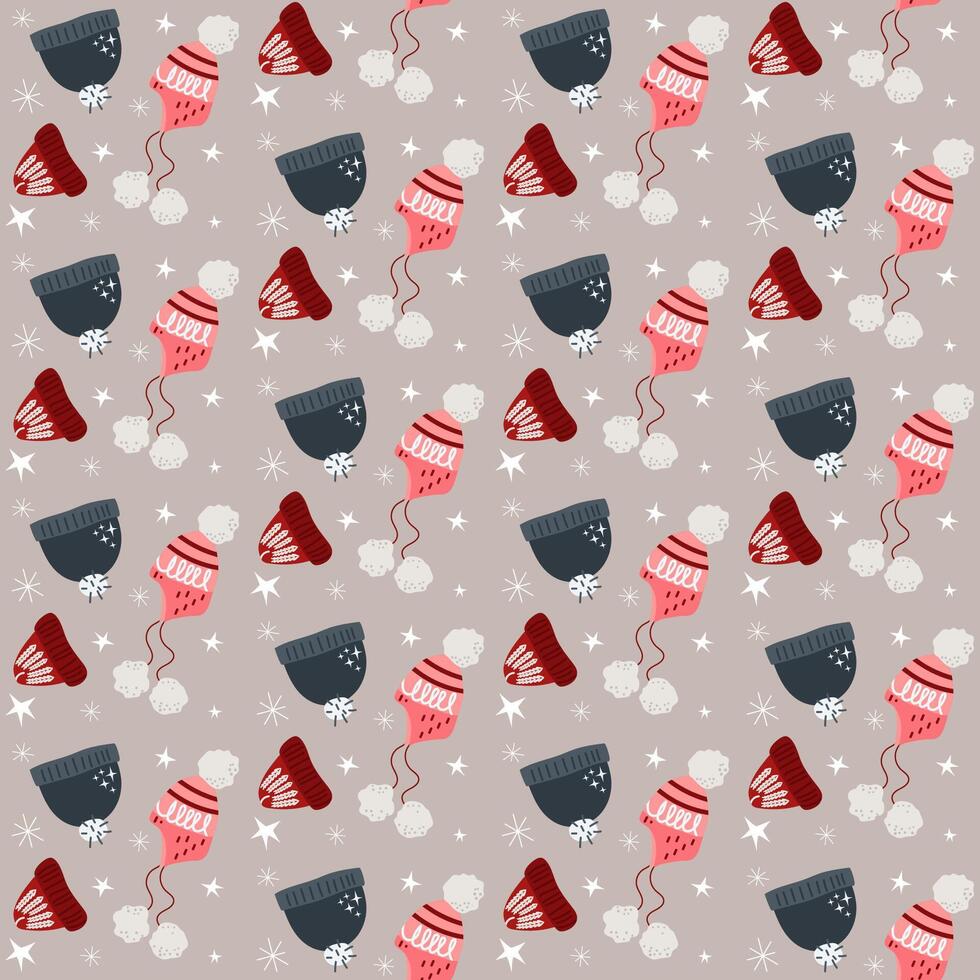 Winter knitted warm benie and ear flaps hats seamless pattern with pompons and decorations, snowflakes, stars vector