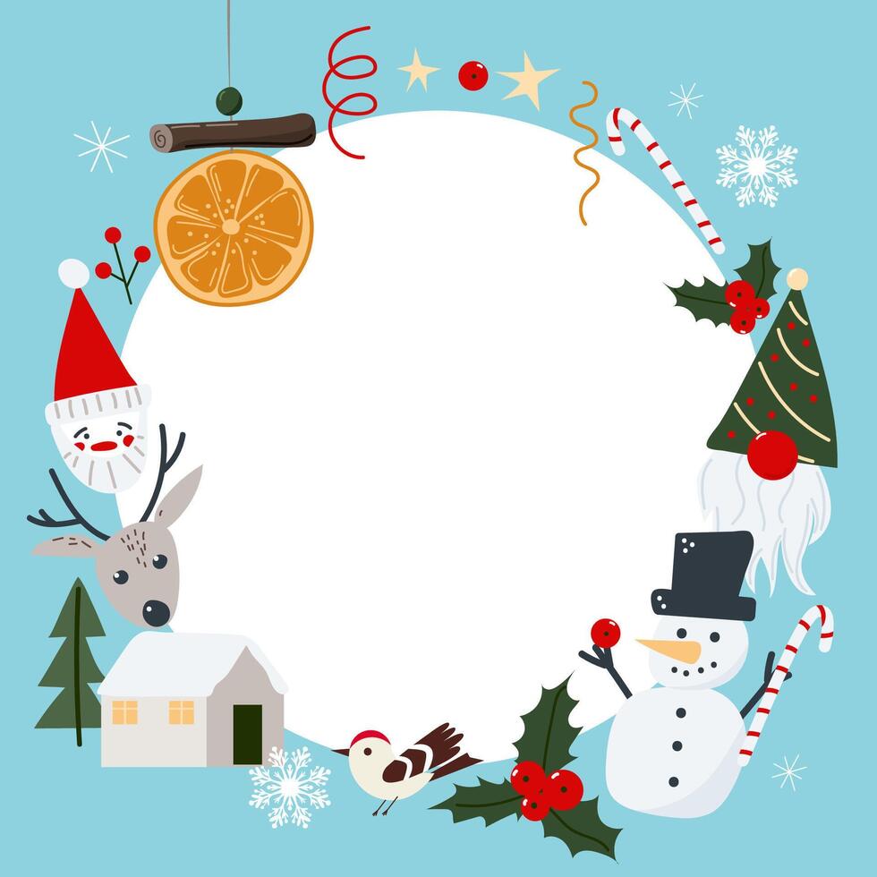 Christmas and New Year border or frame with decorations, Santa, snowman, gnome, tree, house, bird, orange, cinnamon, holly. Can be used for packaging, labels, greeting card, banner, invitation vector