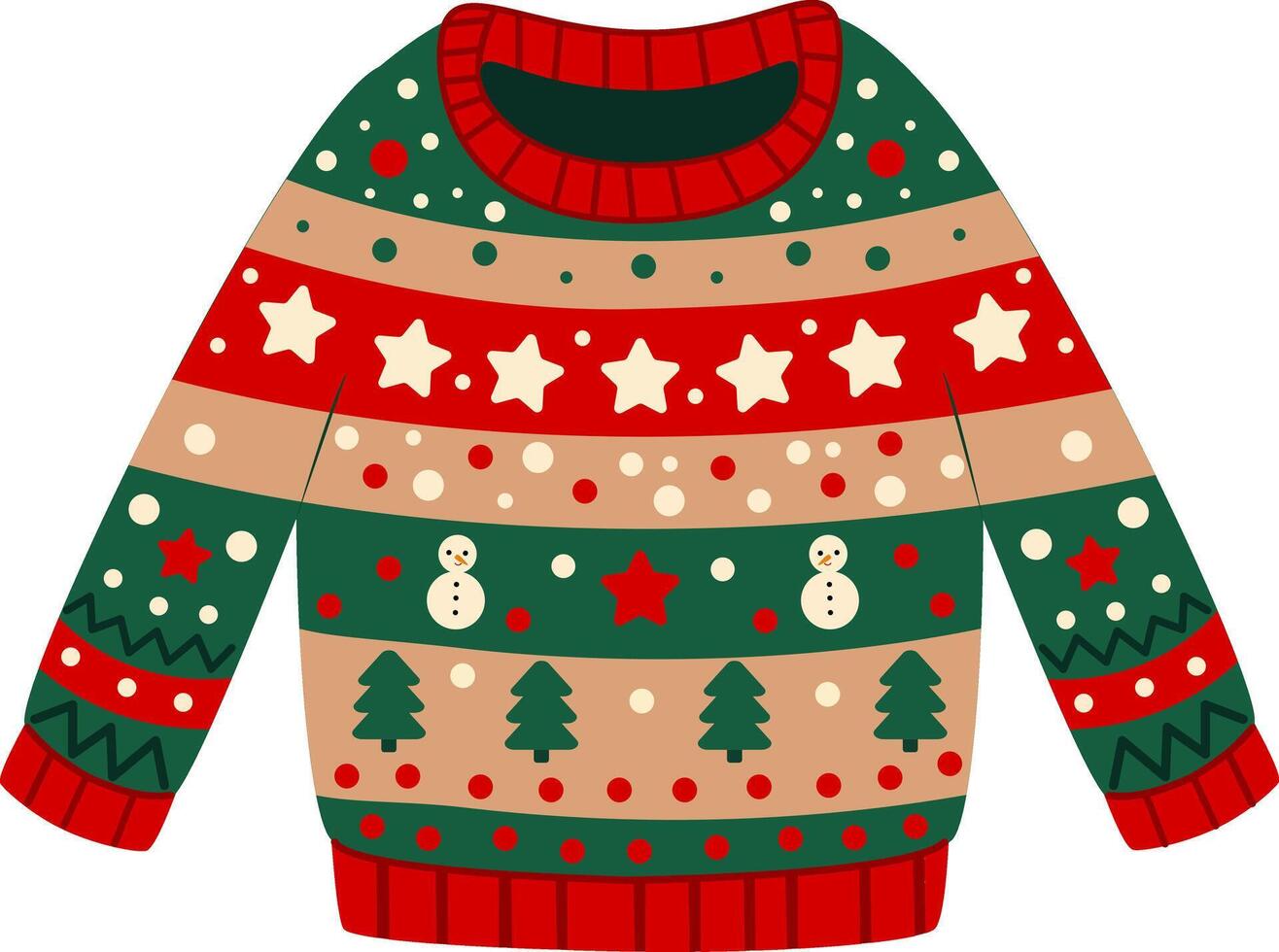 Festive Ugly Christmas Sweater Illustration. Cozy winter designs, snowflakes, Christmas trees, Snowmen and seasonal patterns for holiday card, party invitation, gift wrap. illustration vector