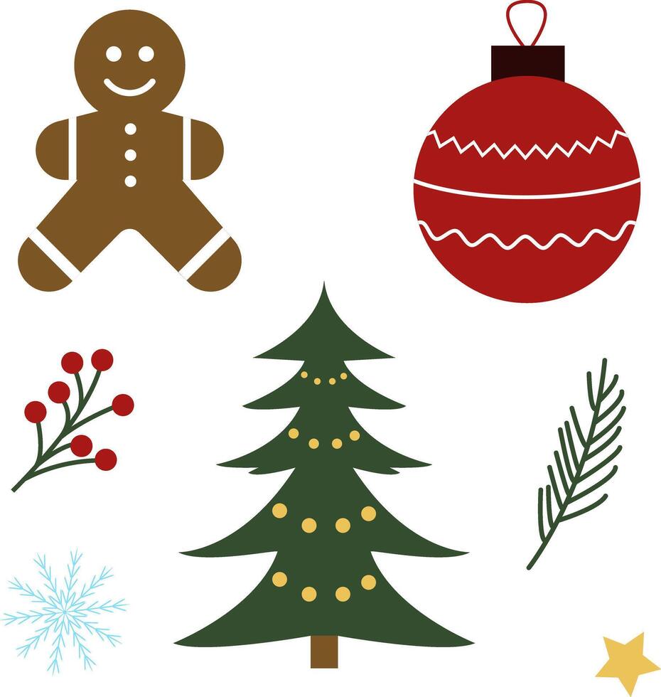 Festive Christmas Illustration. Gingerbread Man, Christmas Tree, Ornament, Snowflake, Pine Branch, Holiday Decor Element For Seasonal Design, Greeting Card, Holiday Project. illustration vector